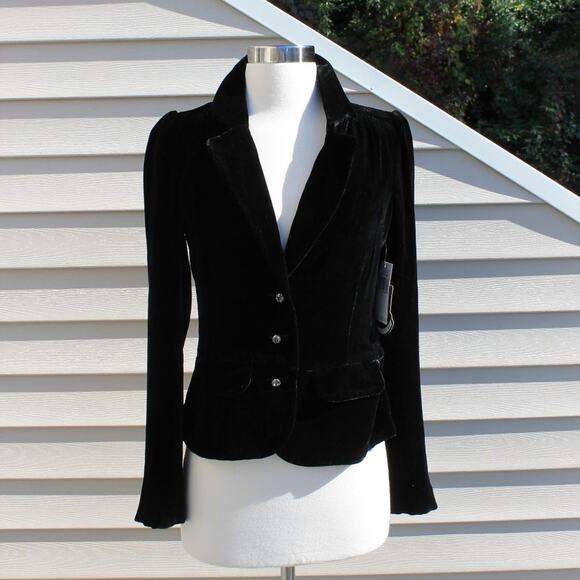 Juicy Couture Black Crushed Silk Velvet Blazer Cropped Rhinestone Buttons Size 4 - Picture 3 of 14